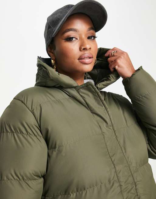 Threadbare Petite Hayley mid length puffer jacket in khaki