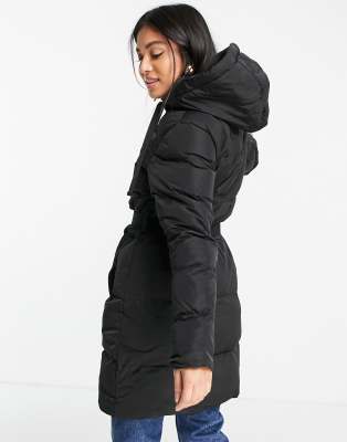 black belted down coat