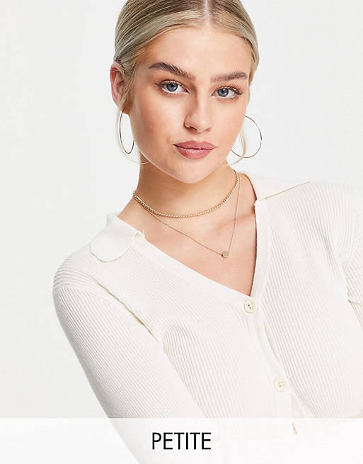 Threadbare Petite Imogen cropped knitted polo top in off white