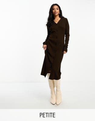 Threadbare Petite – Jasmine – Chokladbrun, ribbstickad midiklänning med knappar