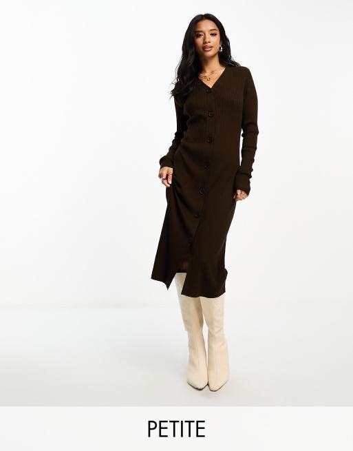 Threadbare Petite - Jasmine - Geribbelde gebreide midi jurk met knopen in chocoladebruin