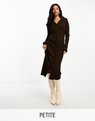 Threadbare Petite - Jasmine - Midikleid aus schokobraunem Rippstrick mit durchgehender Knopfleiste-Brown