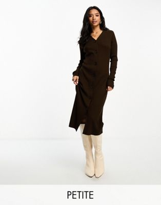 Threadbare Petite Jasmine ribbed knit button through midi dress in chocolate brown