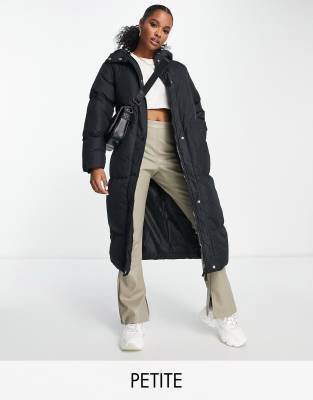 Threadbare Petite Jodie maxi puffer coat with hood in black