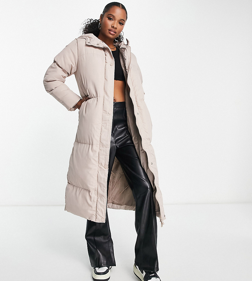Threadbare Petite Jodie maxi puffer coat with hood in taupe-Neutral