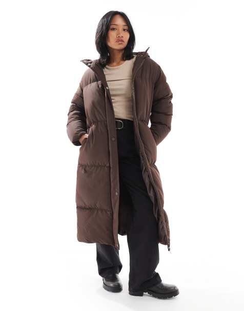 Threadbare Petite – Langer Puffer-Mantel in Braun mit Kapuze - view 1
