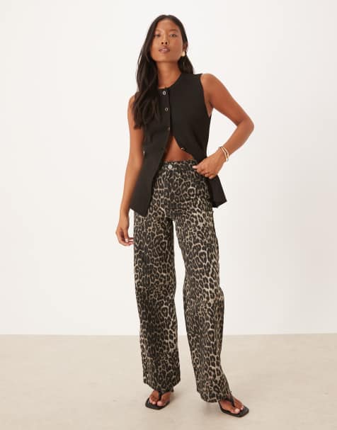 Threadbare Petite leopard print wide leg denim jeans in brown - view 1