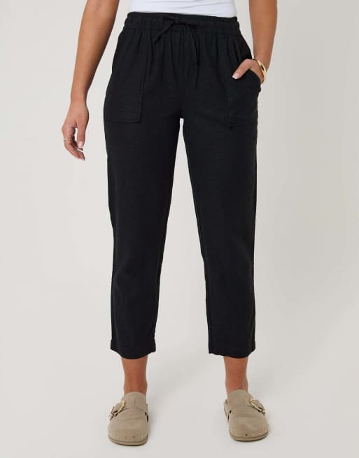 Threadbare Petite linen blend drawstring waist tapered trousers in black, 2 of 5