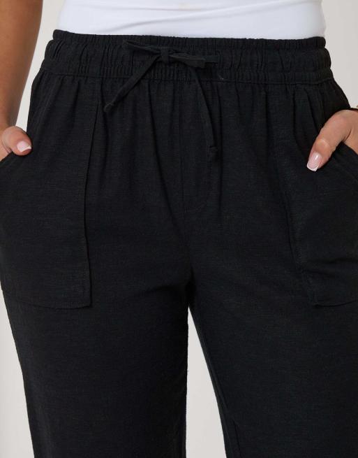 Threadbare Petite linen blend drawstring waist tapered trousers in black, 3 of 5