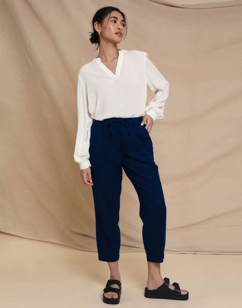 Threadbare Petite linen blend drawstring waist tapered trousers in navy - view 1