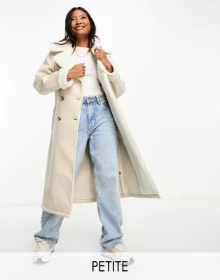 Threadbare Petite Lois longline aviator coat with borg trims in stone-Neutral