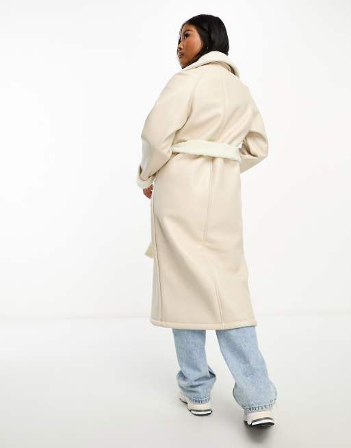 Threadbare Petite Lois longline aviator coat with borg trims in stone