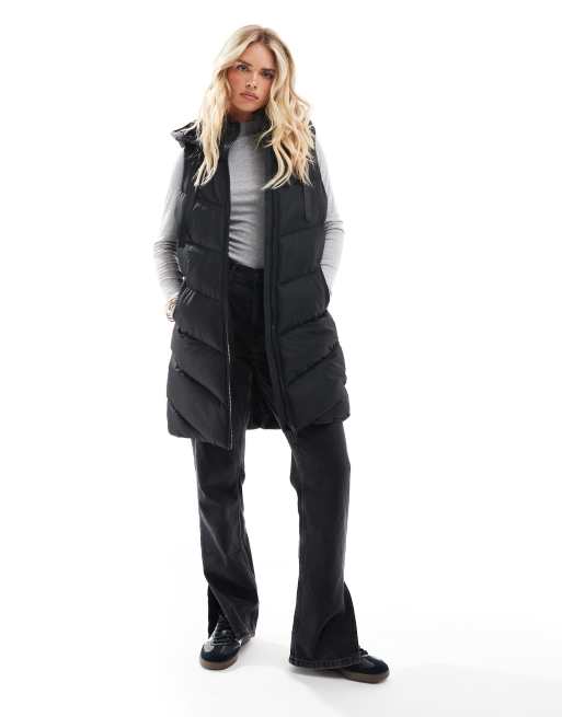 Threadbare Petite longline padded vest with hood in black, 2 of 4