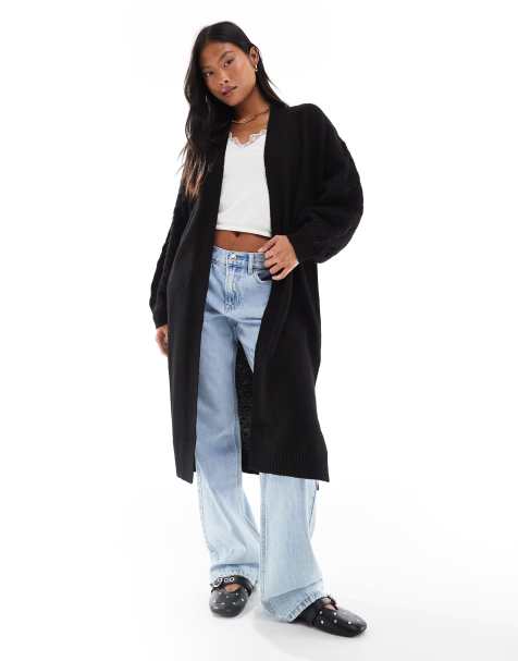 Threadbare Petite – Longline-Strickjacke in Schwarz mit Zopfmuster - view 1