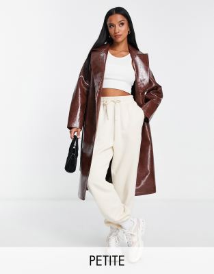 Threadbare Petite Lynda PU tie waist knee length coat in brown croc - ASOS Price Checker