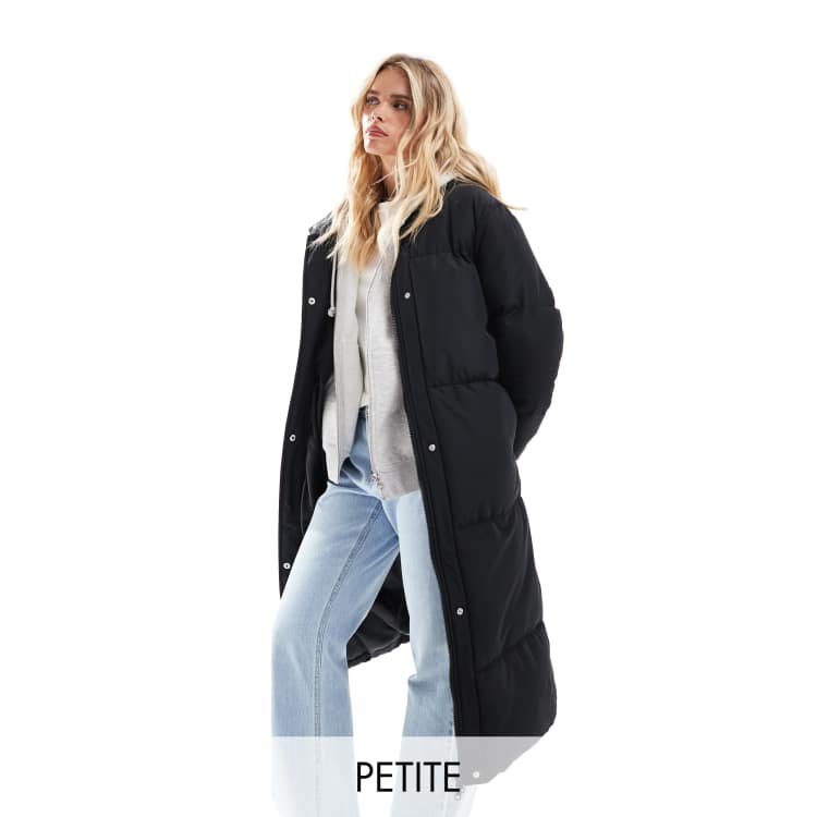 Threadbare Petite maxi puffer coat with hood in black ASOS