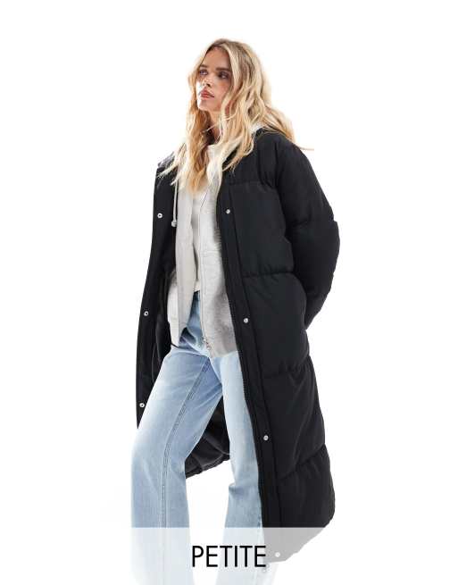 Threadbare Petite maxi puffer coat with hood in black ASOS