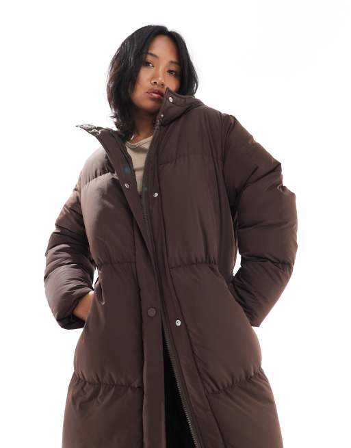 Threadbare Petite maxi puffer coat with hood in brown