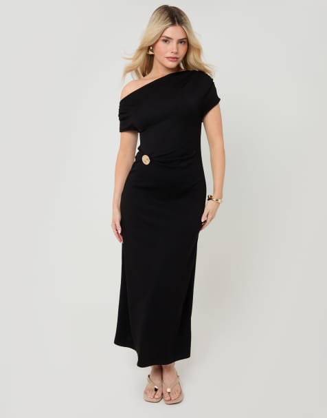 Threadbare Petite off shoulder draped jersey maxi dress in black - view 1