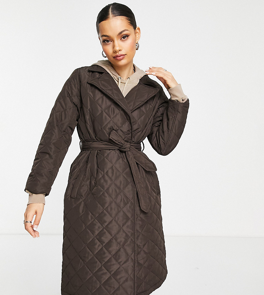 Threadbare Petite Olive Quilted Trench Coat With Belt In Chocolate Brown