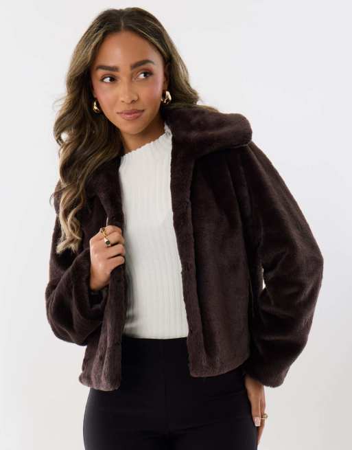 Threadbare Petite oversized collar faux fur coat in chocolate brown, 2 of 5