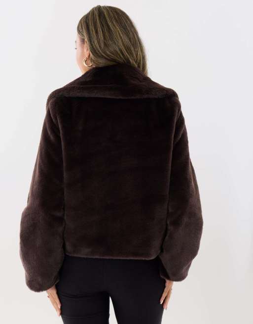 Threadbare Petite oversized collar faux fur coat in chocolate brown, 4 of 5