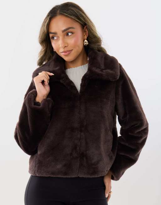 Threadbare Petite oversized collar faux fur coat in chocolate brown, 5 of 5