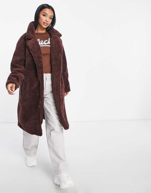 Threadbare Petite oversized longline borg coat in chocolate brown