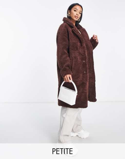 Threadbare Petite oversized longline teddy borg coat in chocolate brown