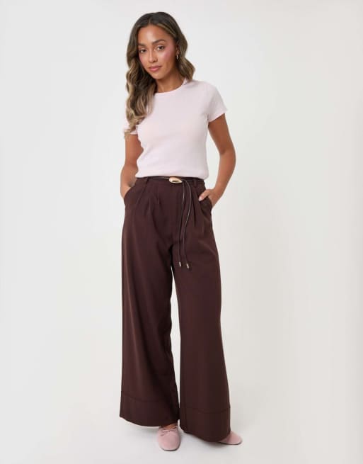 Threadbare Petite pleated wide leg trousers in brown, 5 of 5