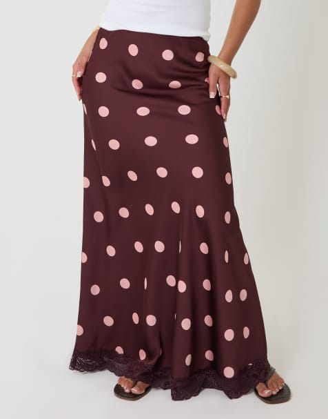 Threadbare Petite polka dot satin lace trim maxi skirt in pink - view 1