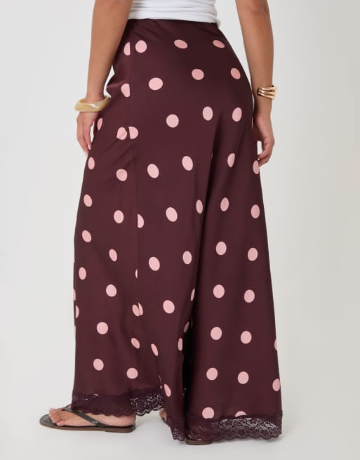 Threadbare Petite polka dot satin lace trim maxi skirt in pink, 2 of 4