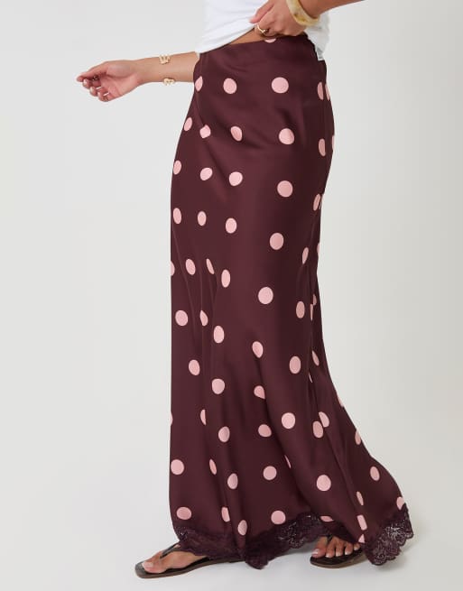 Threadbare Petite polka dot satin lace trim maxi skirt in pink, 3 of 4