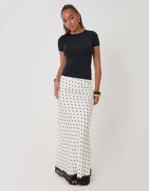 Threadbare Petite polka dot satin lace trim maxi skirt in white