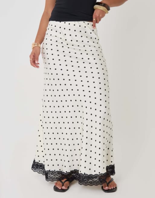 Threadbare Petite polka dot satin lace trim maxi skirt in white, 2 of 5