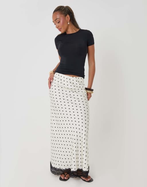 Threadbare Petite polka dot satin lace trim maxi skirt in white, 3 of 5
