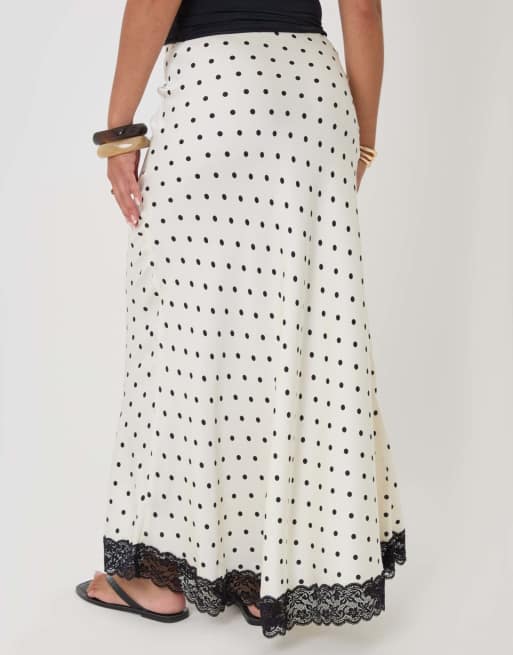 Threadbare Petite polka dot satin lace trim maxi skirt in white, 4 of 5