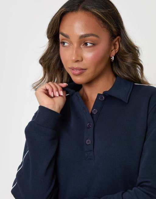 Threadbare Petite polo collar barrel leg lounge set in navy, 4 of 4