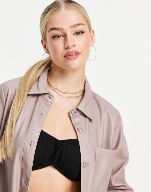 Threadbare Petite PU shirt in taupe, 3 of 4
