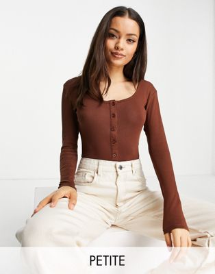 Threadbare Petite ribbed button front long sleeve bodysuit in chocolate brown