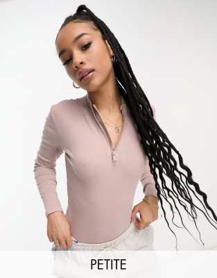 Threadbare Petite ribbed high neck half zip long sleeve bodysuit in taupe-Neutral