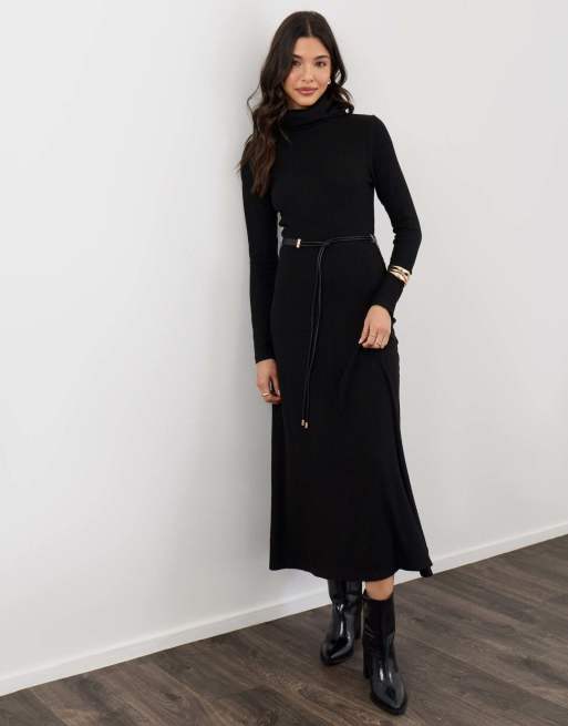 Threadbare Petite ribbed roll neck maxi dress with belt in black, 5 of 5