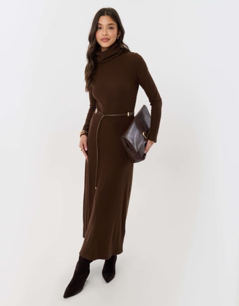 Threadbare Petite ribbed roll neck maxi dress with belt in chocolate brown