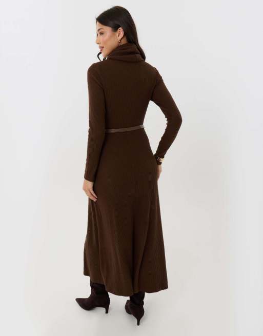 Threadbare Petite ribbed roll neck maxi dress with belt in chocolate brown, 2 of 4