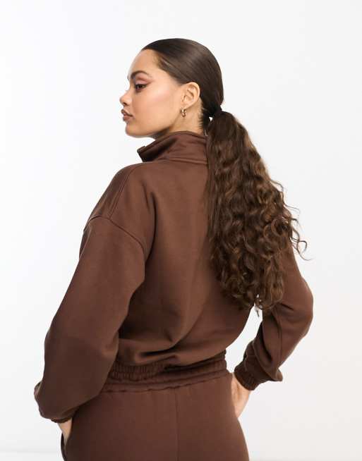 Threadbare Petite River button neck cropped sweater co-ord in chocolate brown, 2 of 4