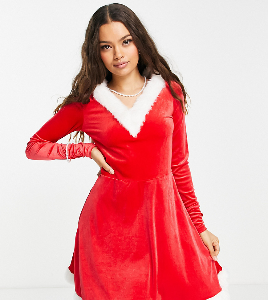 Threadbare Petite santa Christmas velour hooded mini dress with faux fur trim-Red