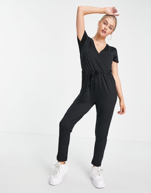 Threadbare Tall wrap front short sleeve jersey romper in black