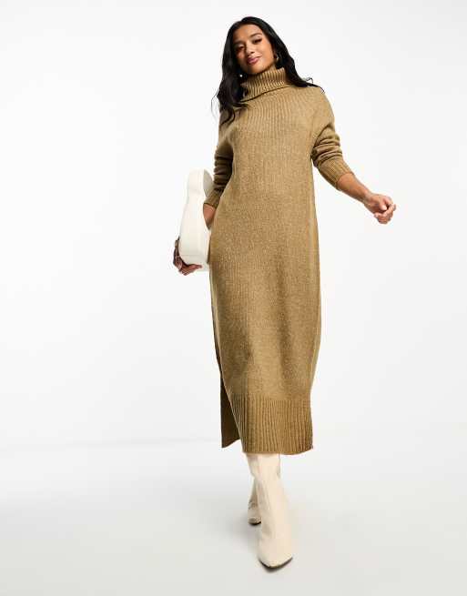 Threadbare Petite Skylar roll neck oversized maxi jumper dress in taupe |  ASOS