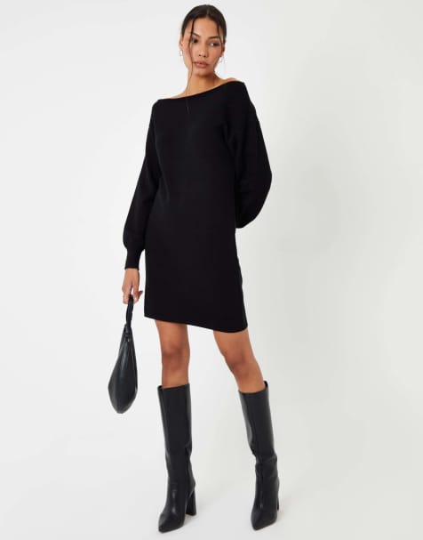 Threadbare Petite slash neck mini jumper dress in black - view 1