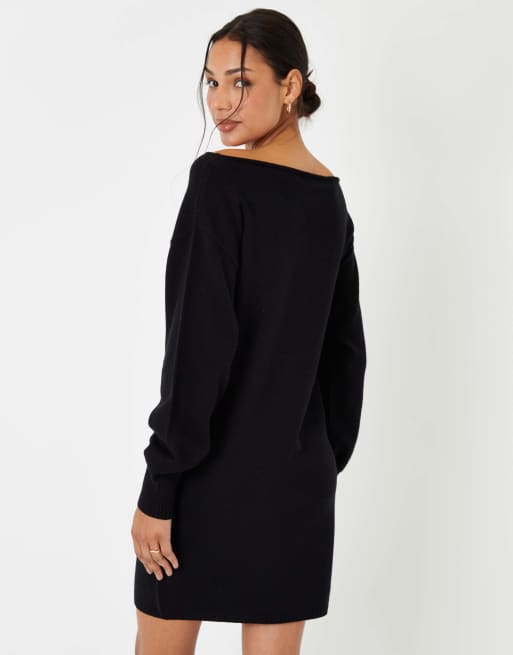 Threadbare Petite slash neck mini jumper dress in black, 2 of 4